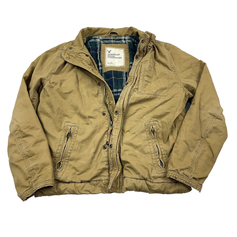 Vintage Y2K American Eagle Jacket Men Large Tan Bomber Flannel Lined Canvas